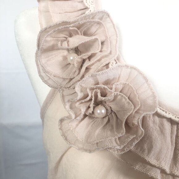 Mine Sheer Pullover Blouse Top Size S Scoop Neck Pearl Rosettes Beige - Picture 11 of 16